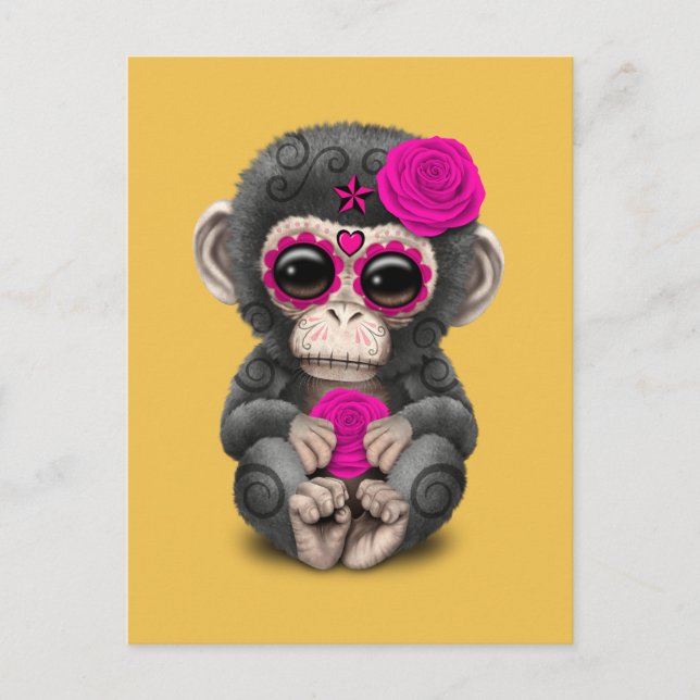 Postal El día rosado del cráneo de azúcar muerto chimpanc (Anverso)