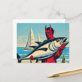 Postal El diablo retro con un tunafish en la playa