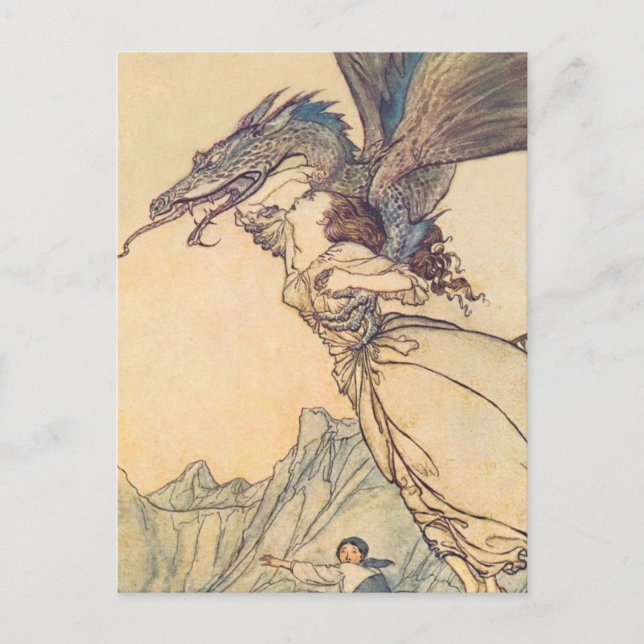 Postal "El dragón atrapó a la reina" de Arthur Rackham (Anverso)