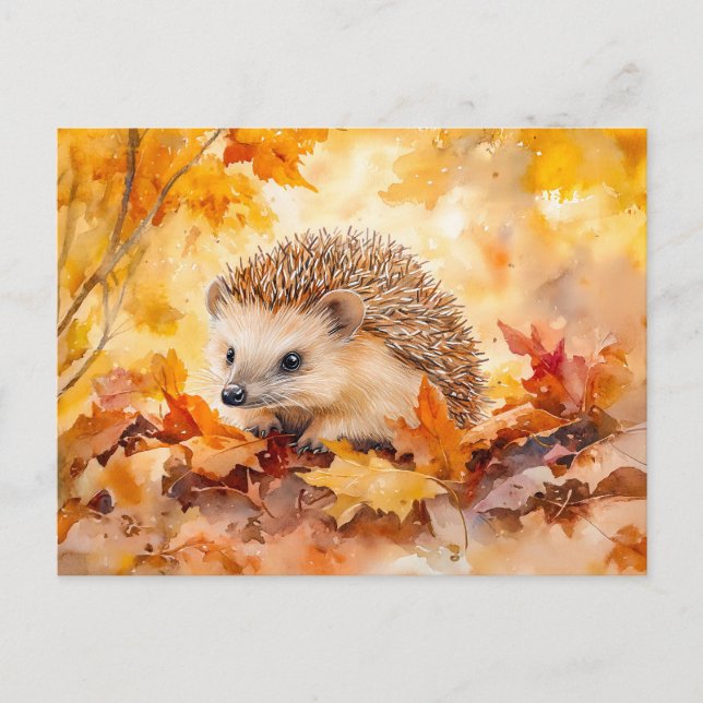 Postal El edgehog en otoño deja la pintura acuarela (Anverso)