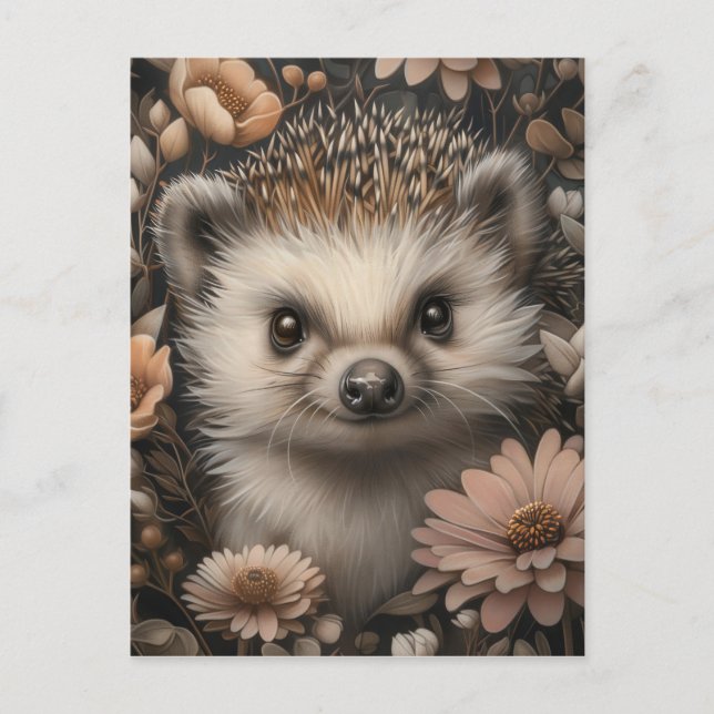 Postal El edgehog lindo en un jardín de flores (Anverso)