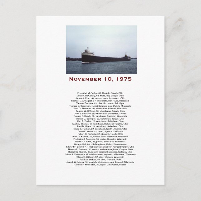 Postal El Edmund Fitzgerald con los nombres de la tripula (Anverso)