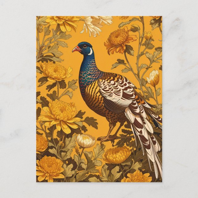 Postal El elegante faisán William Morris inspirado (Anverso)