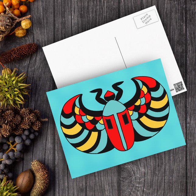 Postal El escarabajo de Scarab, violento y colorido egipc (Brightly coloured Egyptian scarab beetle on aqua blue postcard.)