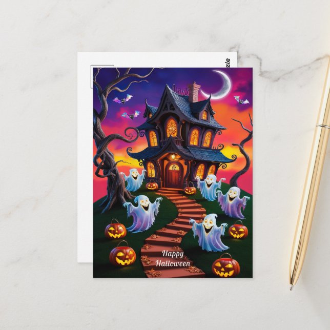Postal El espeluznante Ilustracion de Halloween Haunted H (Anverso/Reverso In Situ)