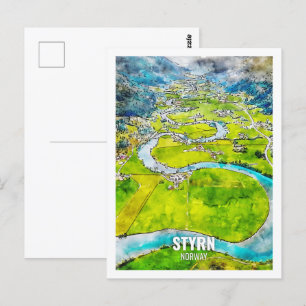 Postal El famoso lugar de viaje de Noruega estilo acuarel