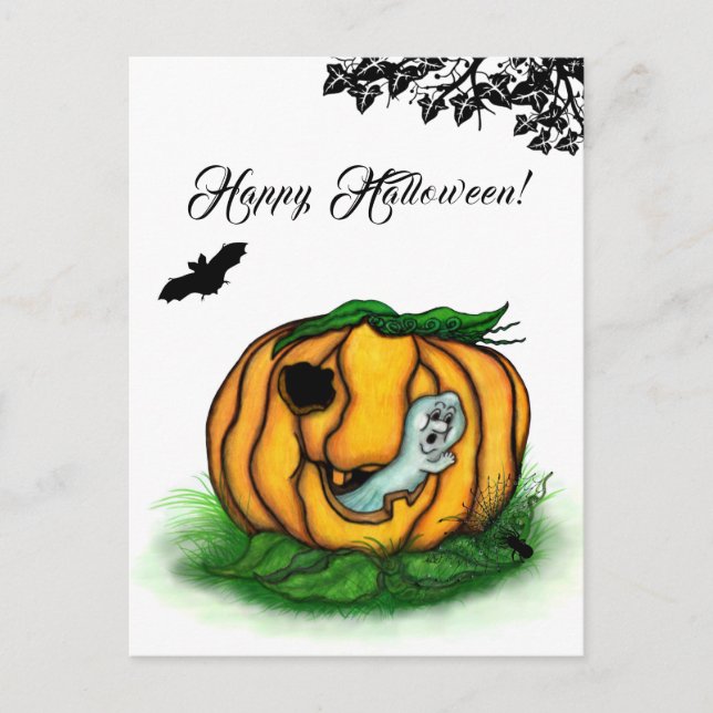 Postal El Fantasma de Halloween, Murciélago, Fantasma y A (Anverso)