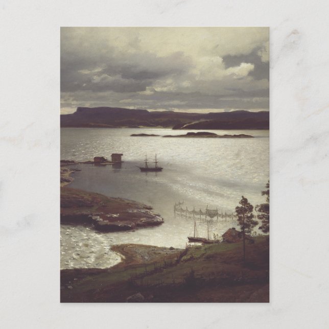 Postal El fiordo de Sandvik de Hans Gude (Anverso)