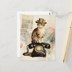 Postal El gatito en el teléfono antiguo