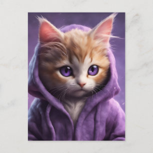 Postal El gatito en una hoodie morada