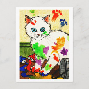 Postal El gato blanco pinta por todas partes