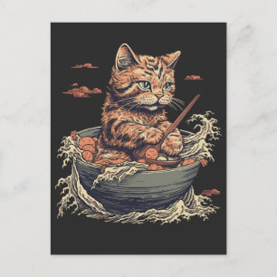 Postal el gato come Ramen, ola de Kanawaga