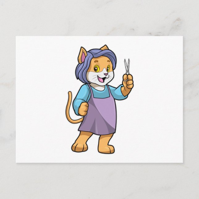 Postal El gato como peluquero con tijeras (Anverso)