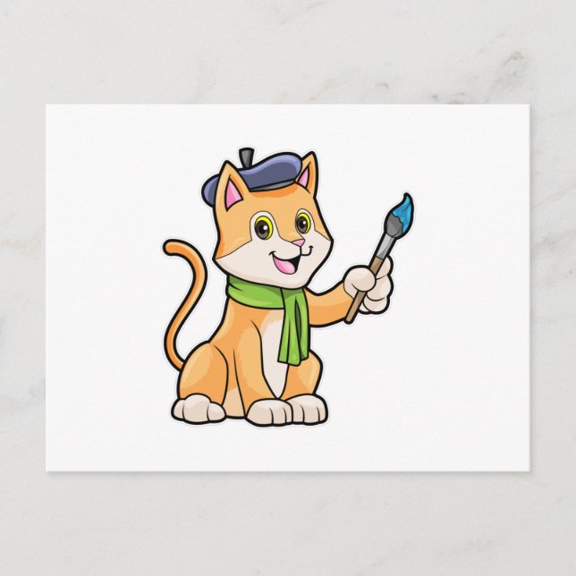 Postal El gato como pintador con pincel y bufanda (Anverso)
