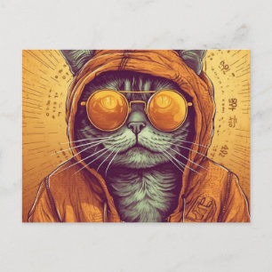Postal El gato con gafas de sol doradas