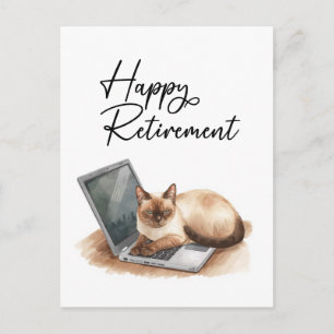 Postal El gato de jubilación está sentado en la laptop