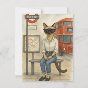 Postal El gato de Londres espera el autobús de doble caíd