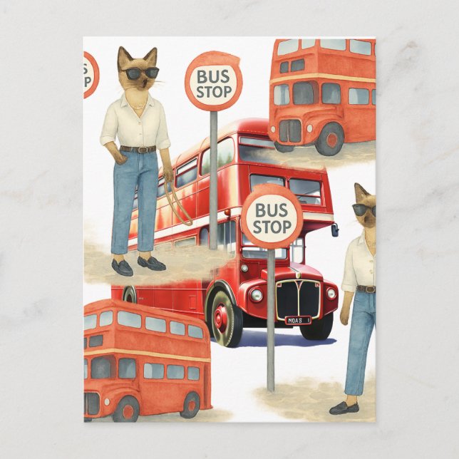 Postal El gato de Londres espera el autobús de doble caíd (Anverso)