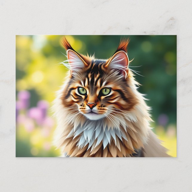 Postal El gato de Maine Coon Fluffy en la Naturaleza (Anverso)