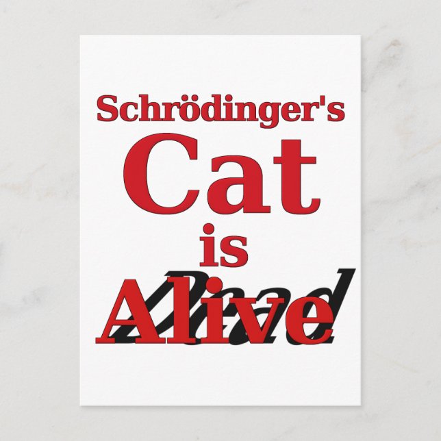 Postal El gato de Schrodinger está vivo (Anverso)