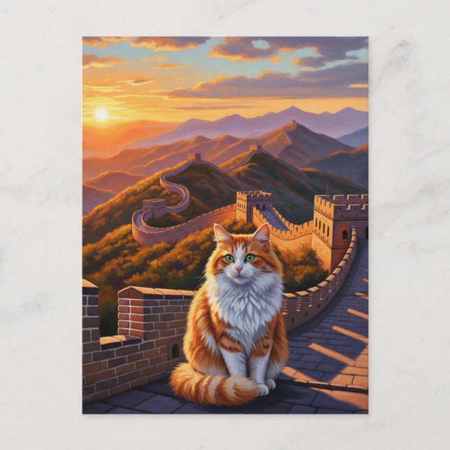 Postal El gato en la Gran Muralla de China (Anverso)