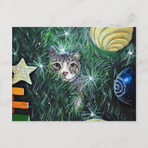 Postal El gato en la pintura del árbol de Navidad