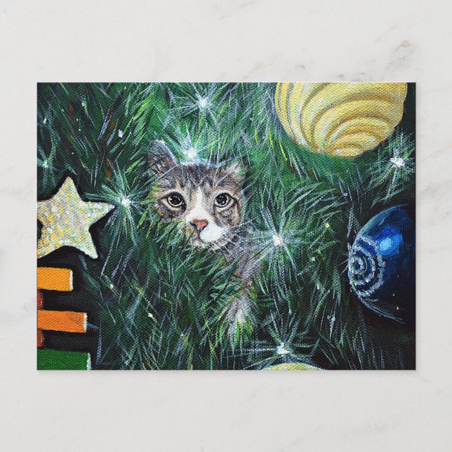 Postal El gato en la pintura del árbol de Navidad (Anverso)