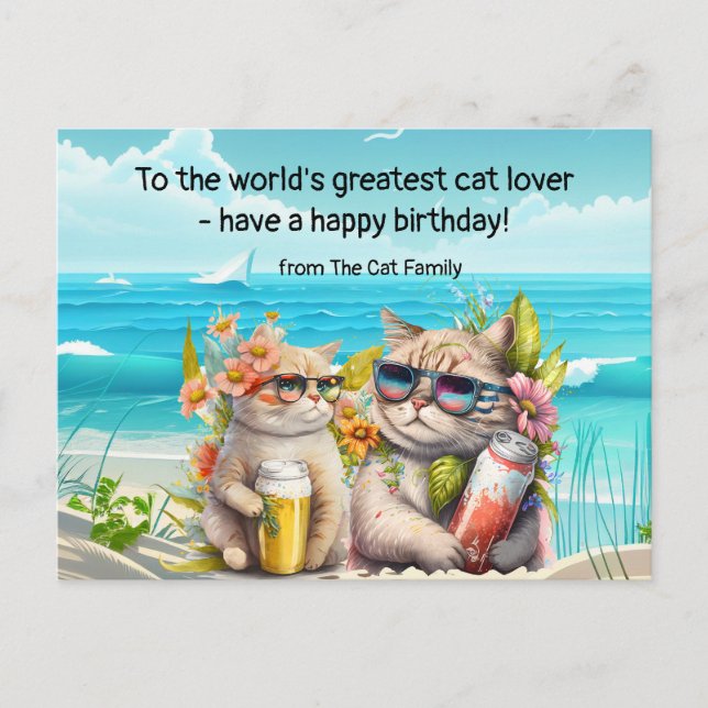 Postal El gato está bebiendo en la playa Cumpleaños (Anverso)
