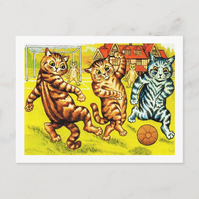 Postal El gato juega al fútbol, Louis Wain (Anverso)