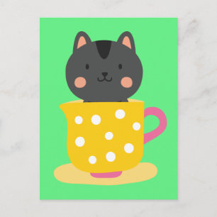 Postal El gato lindo en el personalizado de té en la ment