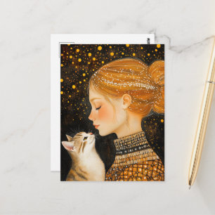Postal El gato lindo y una mujer