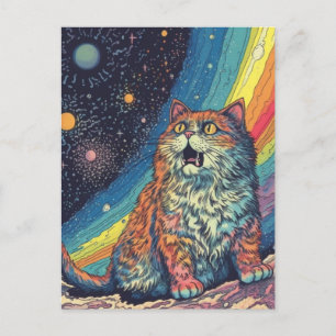 Postal El gato mee en el espacio con arcoiris