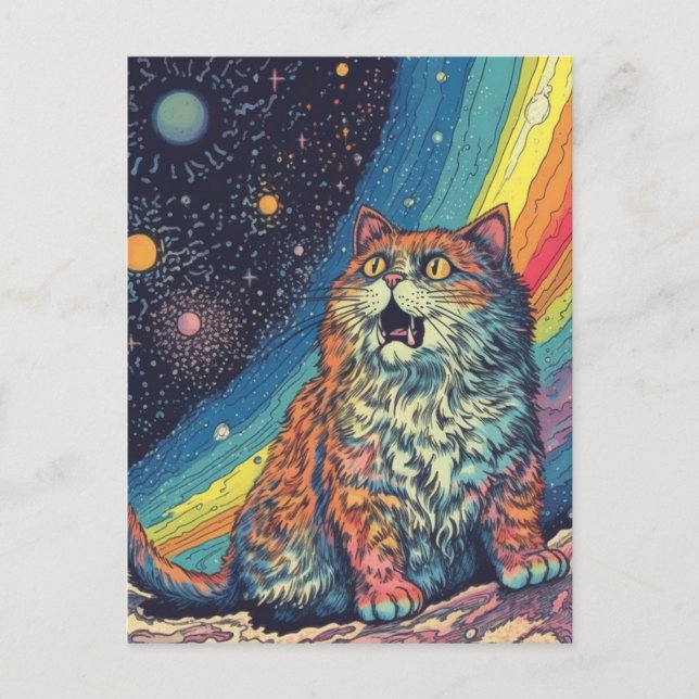 Postal El gato mee en el espacio con arcoiris (Anverso)