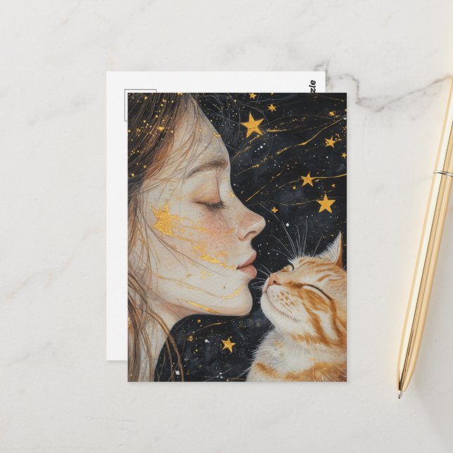 Postal El Gato Naranja Adorable y una Mujer (Anverso/Reverso In Situ)