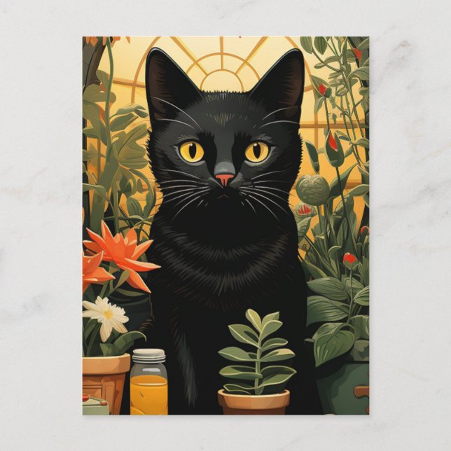 Postal El gato negro que aún vive en la pintura de flores (Anverso)