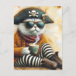 Postal El gato pirata con café