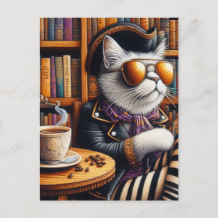 Postal El gato pirata con café en una librería