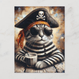 Postal El gato pirata con un café