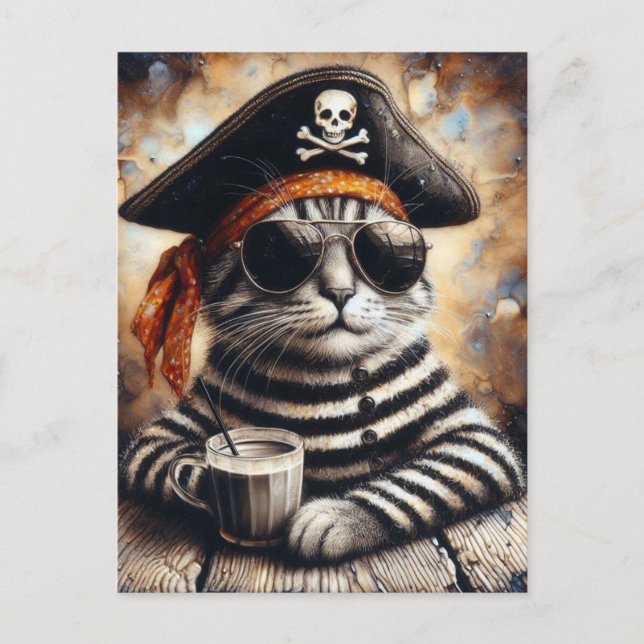 Postal El gato pirata con un café (Anverso)