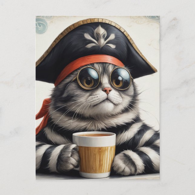 Postal El gato pirata con un café (Anverso)