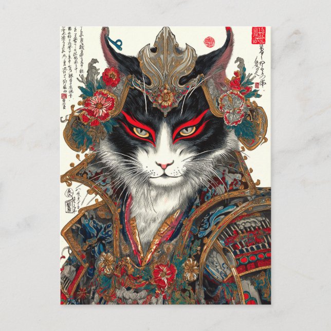 Postal El gato Ronin | Guerrero de Ukiyo-e Samurai (Anverso)