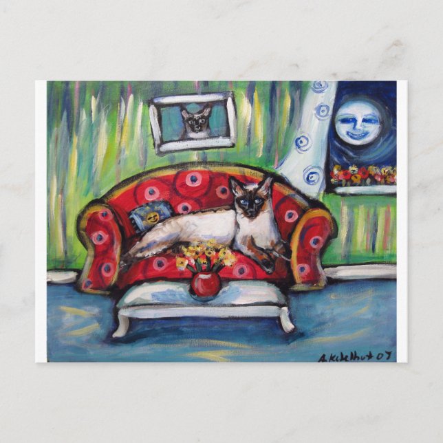 Postal El gato siamés siente una pintura sonriente del ga (Anverso)