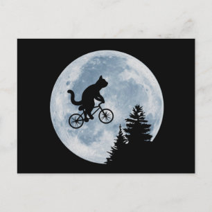 Postal El gato va en bicicleta sobre el fondo de la luna.