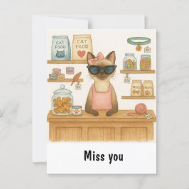 Postal El gato vende comida en la tienda de mascotas