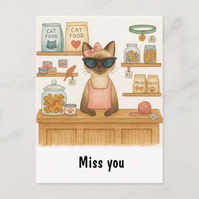 Postal El gato vende comida en la tienda de mascotas (Anverso)