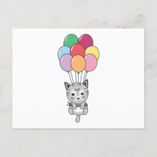 Postal El gato vuela con globos coloridos