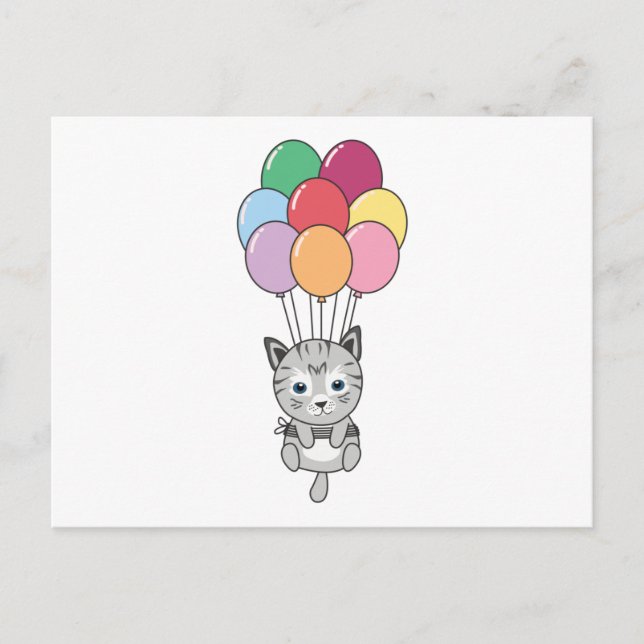 Postal El gato vuela con globos coloridos (Anverso)