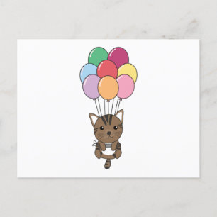Postal El gato vuela con globos coloridos