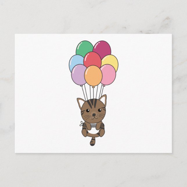 Postal El gato vuela con globos coloridos (Anverso)