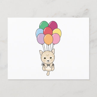Postal El gato vuela con globos coloridos